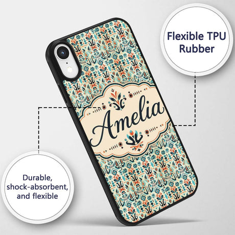 Modern Scandinavian Folk Art Pattern with Floral Custom Name Protective Phone Case Mobile Cover Durable Everyday Smartphone Shock Resistant