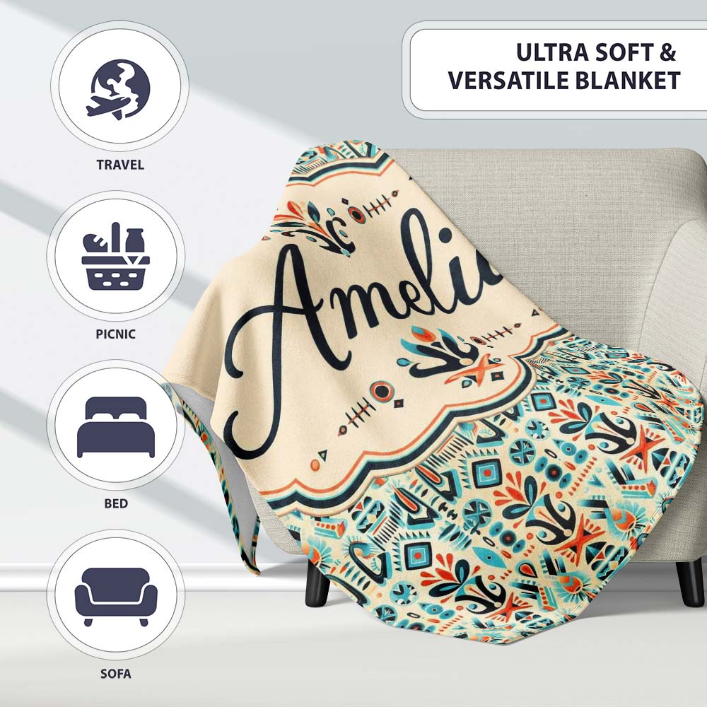 Modern Scandinavian Folk Art Pattern with Floral Shapes Seamless  Personalised Custom Name Super Soft Fleece Blanket Bed Sofa Throw