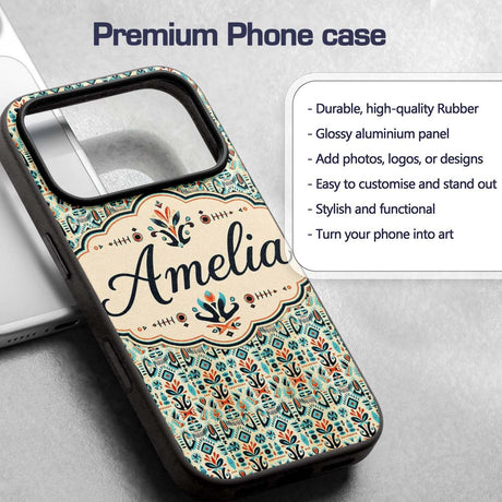 Modern Scandinavian Folk Art Pattern with Floral Custom Name Protective Phone Case Mobile Cover Durable Everyday Smartphone Shock Resistant