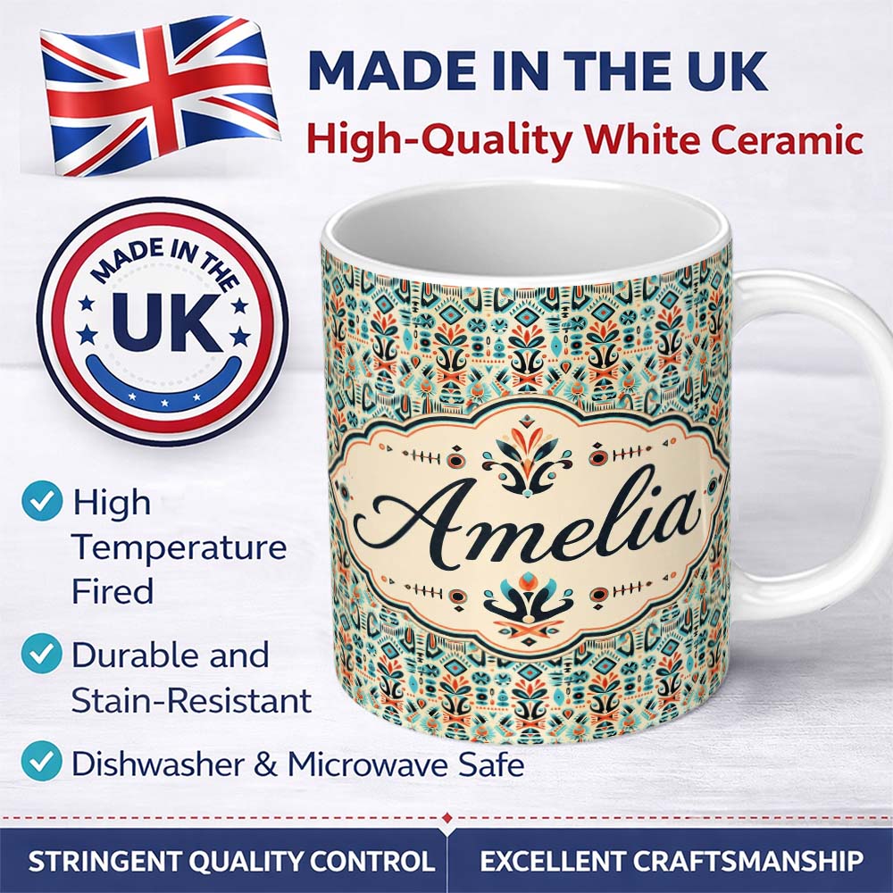 Personalized Custom Name Modern Scandinavian Folk Art Pattern with Floral Shapes Seamless 11oz Ceramic Coffee Tea Mug White Large Handle