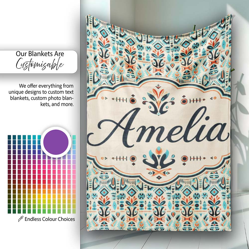Modern Scandinavian Folk Art Pattern with Floral Shapes Seamless  Personalised Custom Name Super Soft Fleece Blanket Bed Sofa Throw