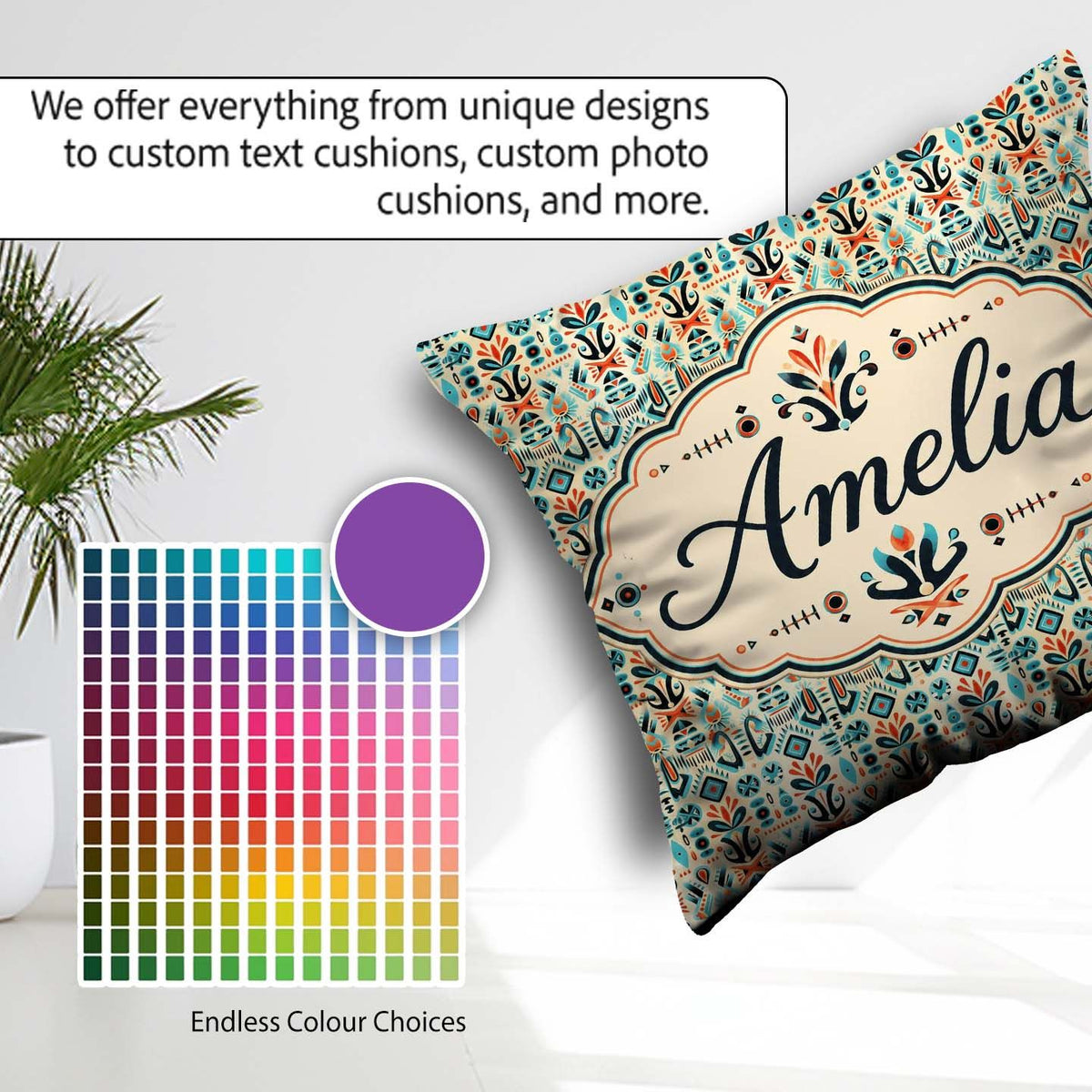 Custom Name Modern Folk Art Pattern with Floral Shapes Seamless Square Filled Cushion Throw Pillow Sofa Bed Home Decor Zip Washable UK Made