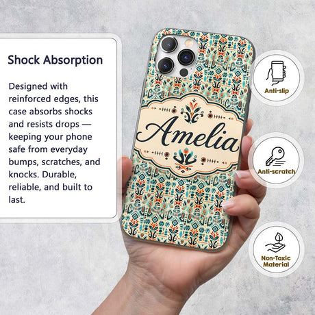 Modern Scandinavian Folk Art Pattern with Floral Custom Name Protective Phone Case Mobile Cover Durable Everyday Smartphone Shock Resistant