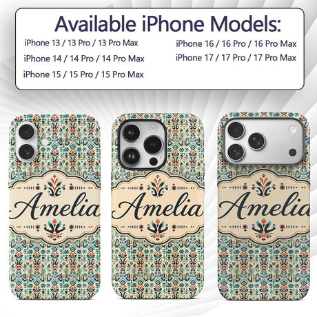 Modern Scandinavian Folk Art Pattern with Floral Custom Name Protective Phone Case Mobile Cover Durable Everyday Smartphone Shock Resistant