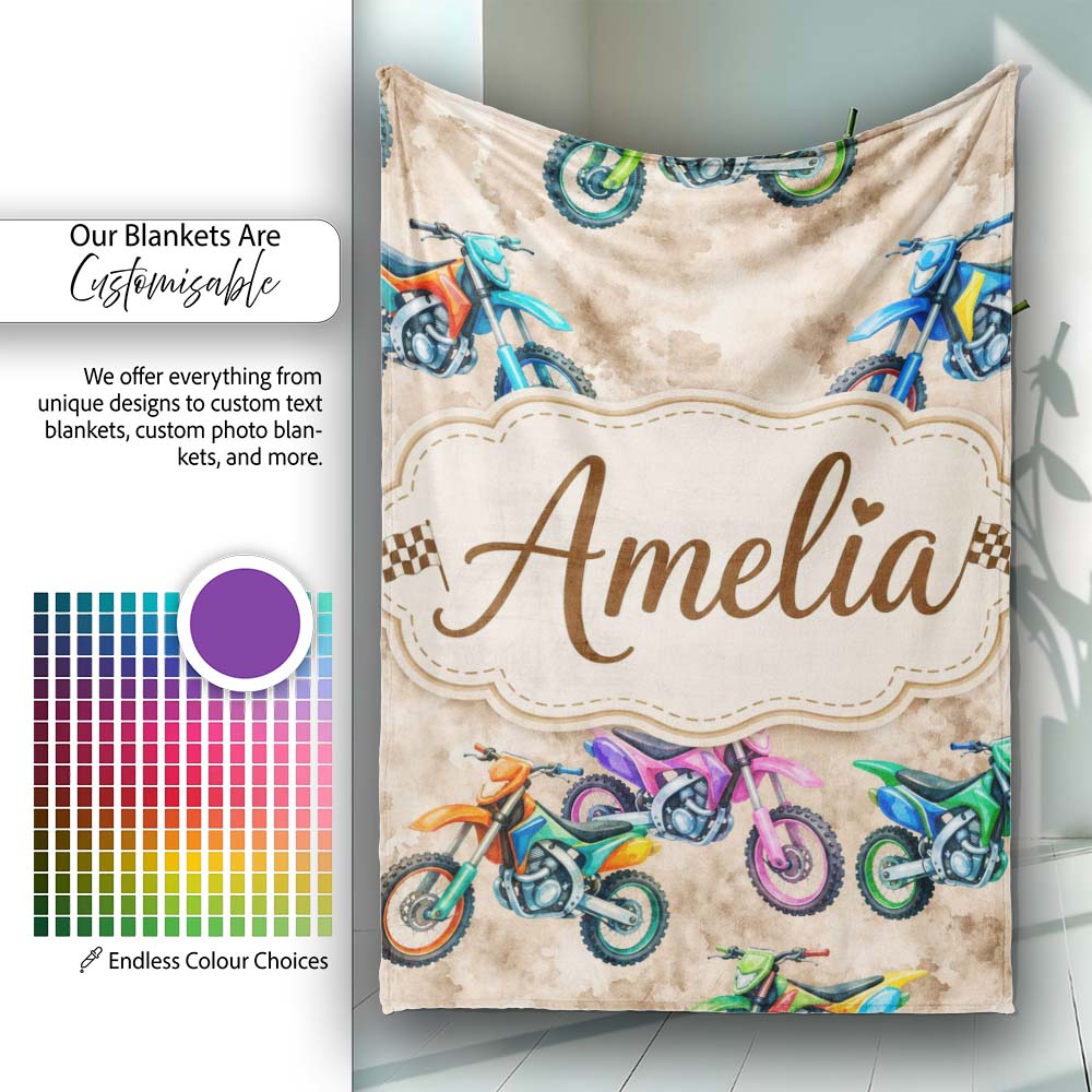 Colorful Kids Dirt Bike Motocross Seamless Pattern on Beige Lovely  Personalised Custom Name Super Soft Fleece Blanket Bed Sofa Throw