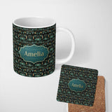 Personalized Custom Name Dark Tribal Geometric Ethnic Pattern in Gold Teal Seamless Name Cute 11oz Ceramic Coffee Tea Mug White Large Handle