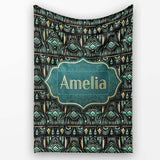Dark Tribal Geometric Ethnic Pattern in Gold Teal Seamless Name Cute  Personalised Custom Name Super Soft Fleece Blanket Bed Sofa Throw