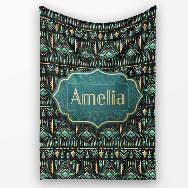 Dark Tribal Geometric Ethnic Pattern in Gold Teal Seamless Name Cute  Personalised Custom Name Super Soft Fleece Blanket Bed Sofa Throw