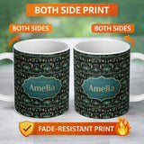 Personalized Custom Name Dark Tribal Geometric Ethnic Pattern in Gold Teal Seamless Name Cute 11oz Ceramic Coffee Tea Mug White Large Handle