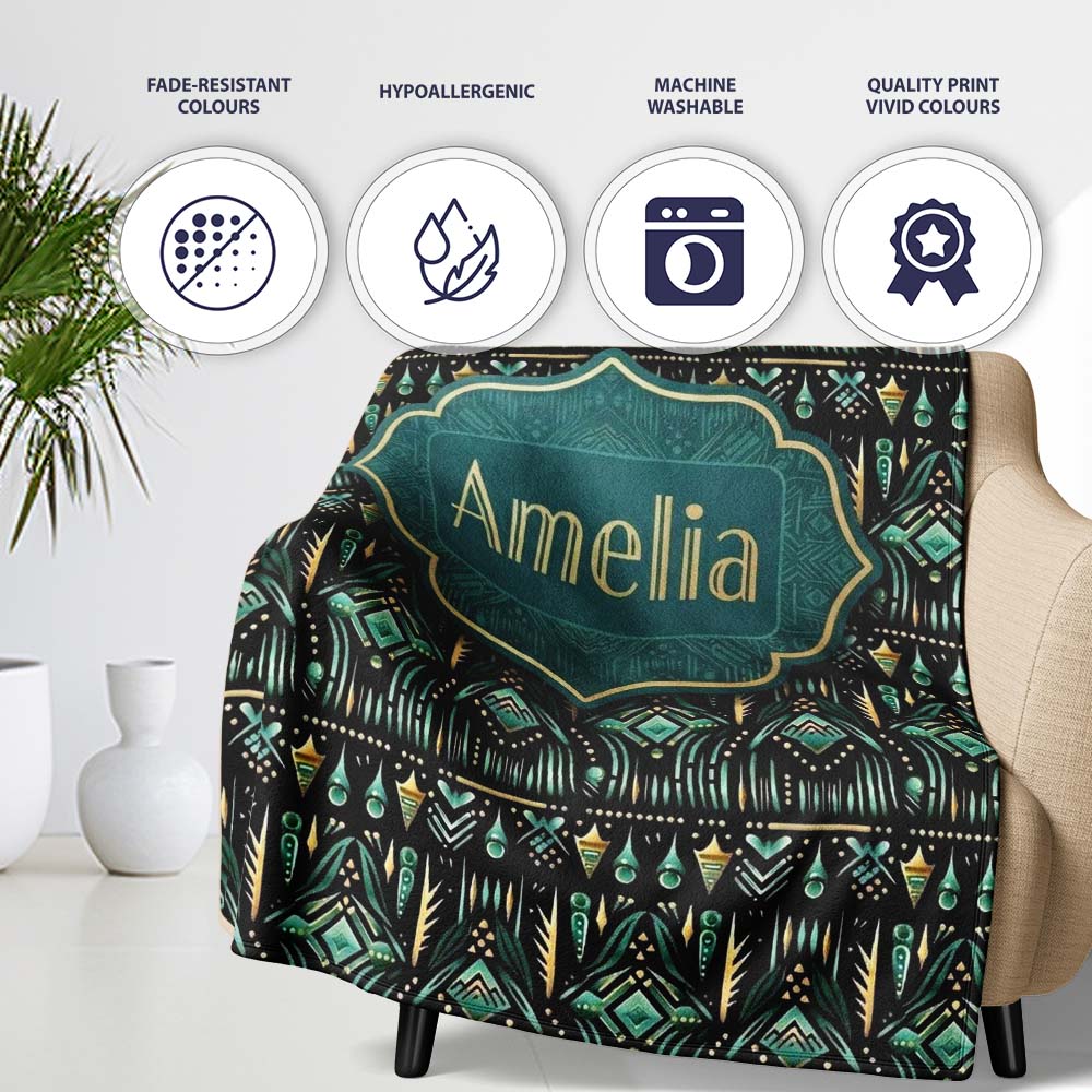 Dark Tribal Geometric Ethnic Pattern in Gold Teal Seamless Name Cute  Personalised Custom Name Super Soft Fleece Blanket Bed Sofa Throw