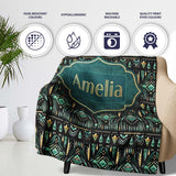 Dark Tribal Geometric Ethnic Pattern in Gold Teal Seamless Name Cute  Personalised Custom Name Super Soft Fleece Blanket Bed Sofa Throw