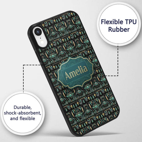 Dark Tribal Geometric Ethnic Pattern in Gold Teal Custom Name Protective Phone Case Mobile Cover Durable Everyday Smartphone Shock Resistant