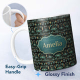 Personalized Custom Name Dark Tribal Geometric Ethnic Pattern in Gold Teal Seamless Name Cute 11oz Ceramic Coffee Tea Mug White Large Handle