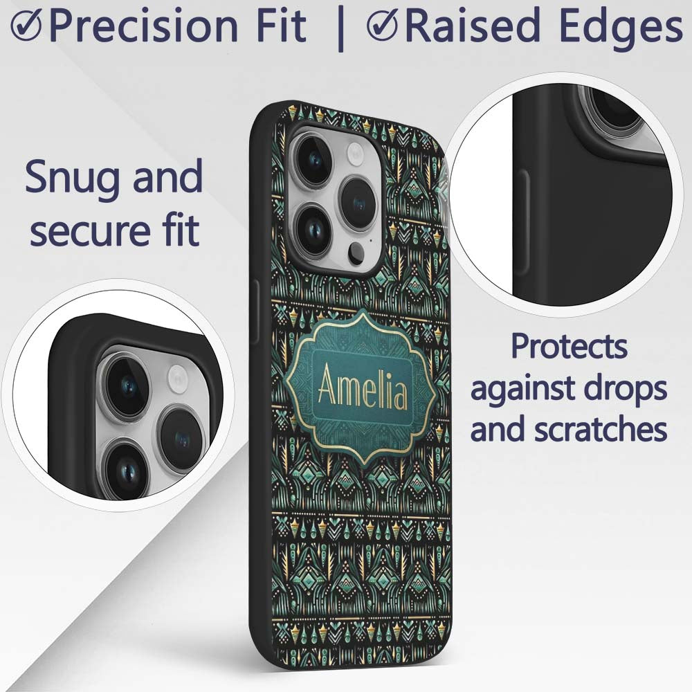 Dark Tribal Geometric Ethnic Pattern in Gold Teal Custom Name Protective Phone Case Mobile Cover Durable Everyday Smartphone Shock Resistant