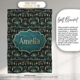 Dark Tribal Geometric Ethnic Pattern in Gold Teal Seamless Name Cute  Personalised Custom Name Super Soft Fleece Blanket Bed Sofa Throw