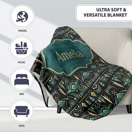 Dark Tribal Geometric Ethnic Pattern in Gold Teal Seamless Name Cute  Personalised Custom Name Super Soft Fleece Blanket Bed Sofa Throw