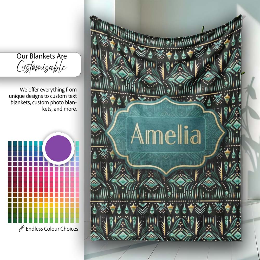 Dark Tribal Geometric Ethnic Pattern in Gold Teal Seamless Name Cute  Personalised Custom Name Super Soft Fleece Blanket Bed Sofa Throw
