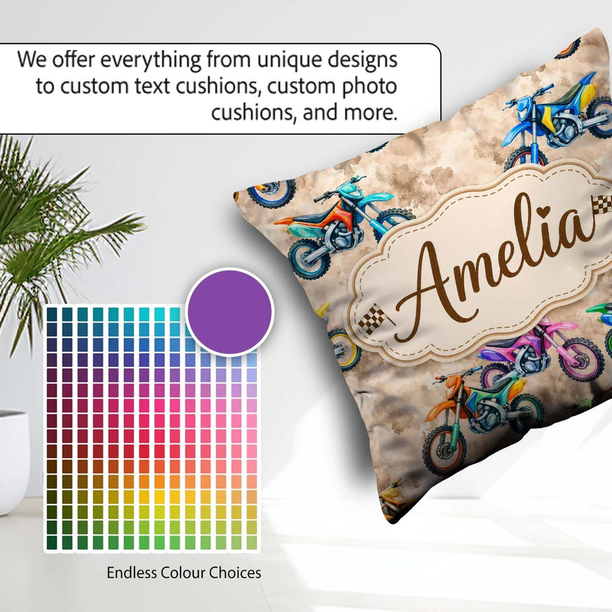 Custom Name Colorful Kids Dirt Bike Motocross Seamless on Beige Square Filled Cushion Throw Pillow Sofa Bed Home Decor Zip Washable UK Made
