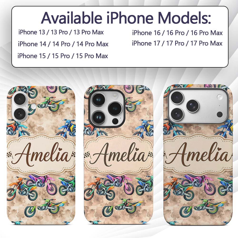 Colorful Kids Dirt Bike Motocross Printed Design Custom Name Protective Phone Case Mobile Cover Durable Everyday Smartphone Shock Resistant