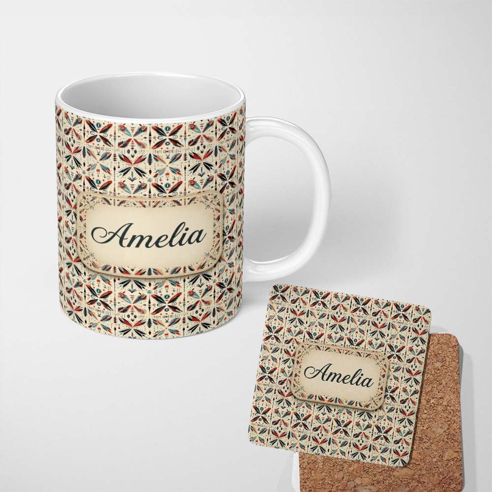 Personalized Custom Name Abstract Retro Geometric Floral Pattern in Red Blue Seamless Name 11oz Ceramic Coffee Tea Mug White Large Handle