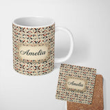 Personalized Custom Name Abstract Retro Geometric Floral Pattern in Red Blue Seamless Name 11oz Ceramic Coffee Tea Mug White Large Handle