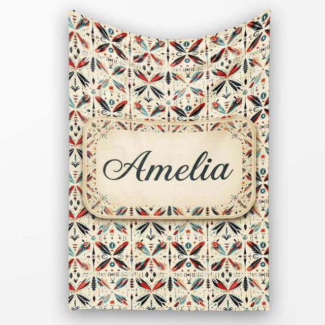 Abstract Retro Geometric Floral Pattern in Red Blue Seamless Name  Personalised Custom Name Super Soft Fleece Blanket Bed Sofa Throw
