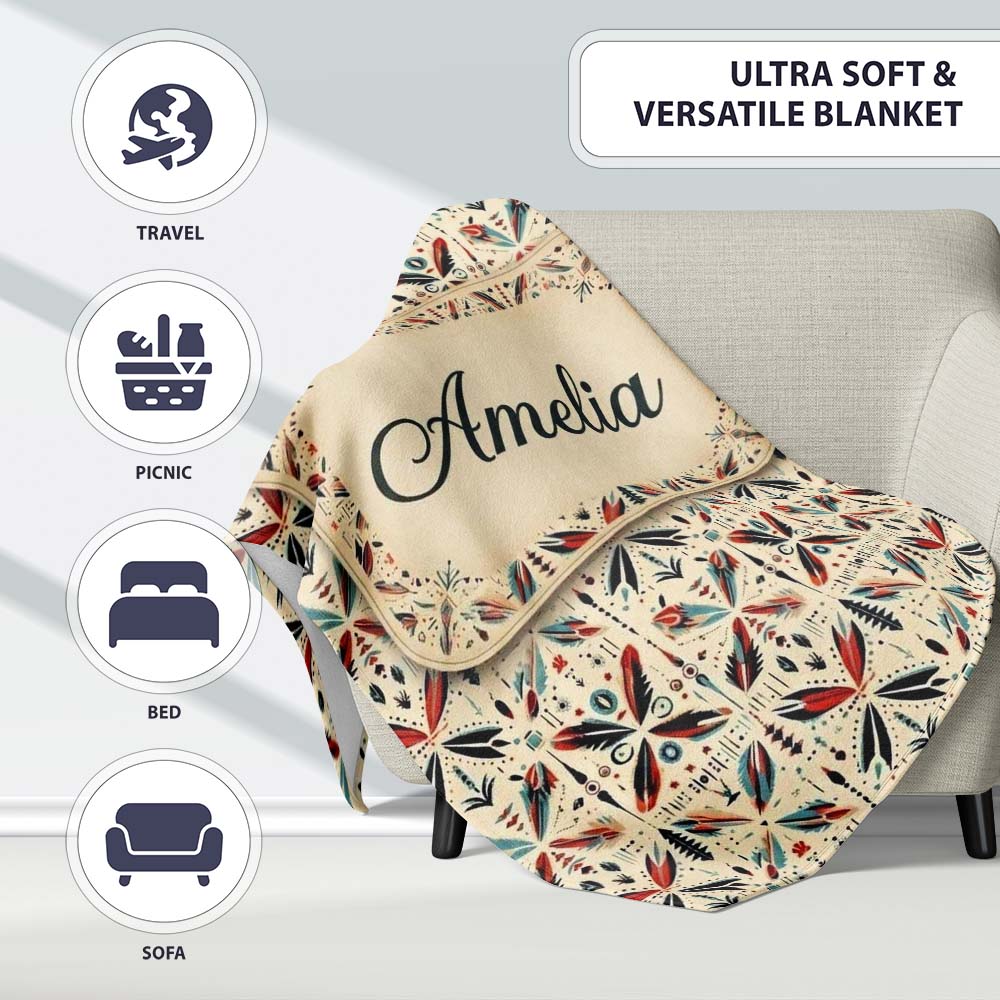 Abstract Retro Geometric Floral Pattern in Red Blue Seamless Name  Personalised Custom Name Super Soft Fleece Blanket Bed Sofa Throw