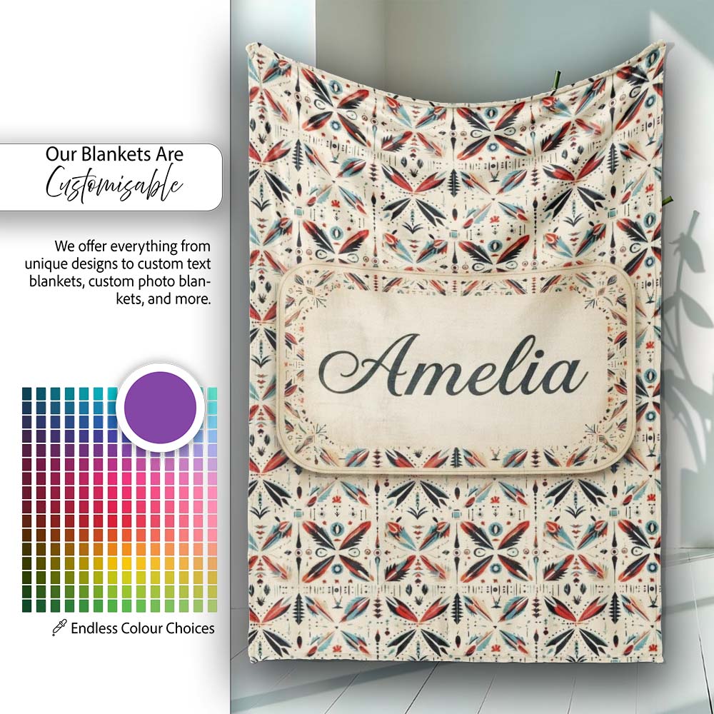 Abstract Retro Geometric Floral Pattern in Red Blue Seamless Name  Personalised Custom Name Super Soft Fleece Blanket Bed Sofa Throw