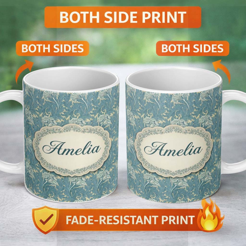 Personalized Custom Name Vintage Botanical Floral Leaf Pattern in Soft Blue Seamless Name 11oz Ceramic Coffee Tea Mug White Large Handle