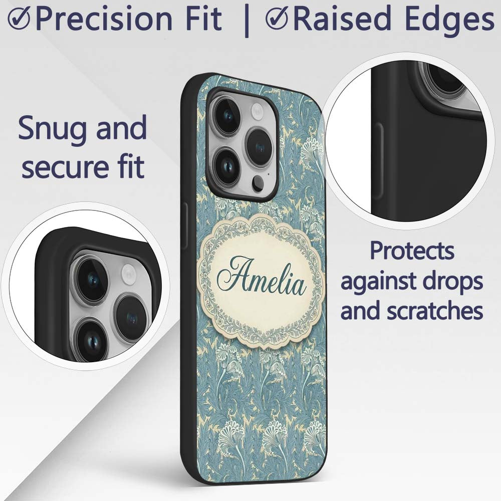 Vintage Botanical Floral Leaf Pattern in Soft Custom Name Protective Phone Case Mobile Cover Durable Everyday Smartphone Shock Resistant