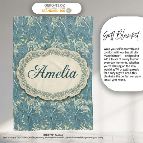 Vintage Botanical Floral Leaf Pattern in Soft Blue Seamless Name  Personalised Custom Name Super Soft Fleece Blanket Bed Sofa Throw