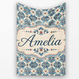 Classic Blue Damask Floral Pattern Elegant Seamless Name Cute  Personalised Custom Name Super Soft Fleece Blanket Bed Sofa Throw