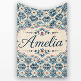 Classic Blue Damask Floral Pattern Elegant Seamless Name Cute  Personalised Custom Name Super Soft Fleece Blanket Bed Sofa Throw
