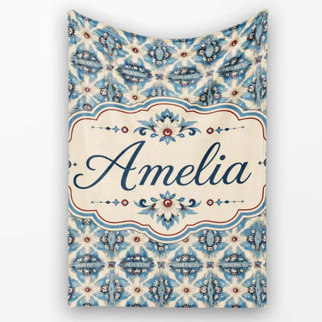 Classic Blue Damask Floral Pattern Elegant Seamless Name Cute  Personalised Custom Name Super Soft Fleece Blanket Bed Sofa Throw