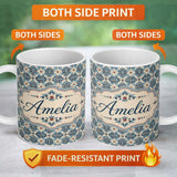 Personalized Custom Name Classic Blue Damask Floral Pattern Elegant Seamless Name Cute 11oz Ceramic Coffee Tea Mug White Large Handle