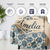 Classic Blue Damask Floral Pattern Elegant Seamless Name Cute  Personalised Custom Name Super Soft Fleece Blanket Bed Sofa Throw
