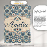 Classic Blue Damask Floral Pattern Elegant Seamless Name Cute  Personalised Custom Name Super Soft Fleece Blanket Bed Sofa Throw