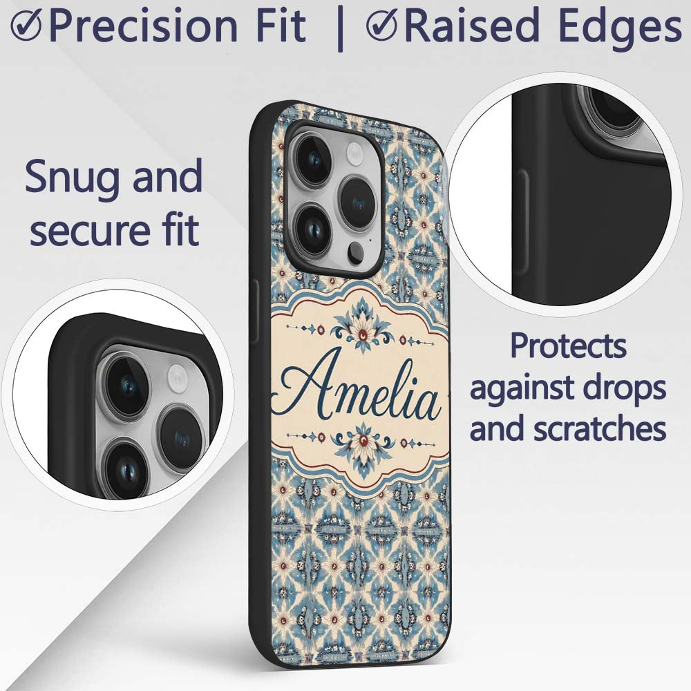 Classic Blue Damask Floral Pattern Printed Design Custom Name Protective Phone Case Mobile Cover Durable Everyday Smartphone Shock Resistant