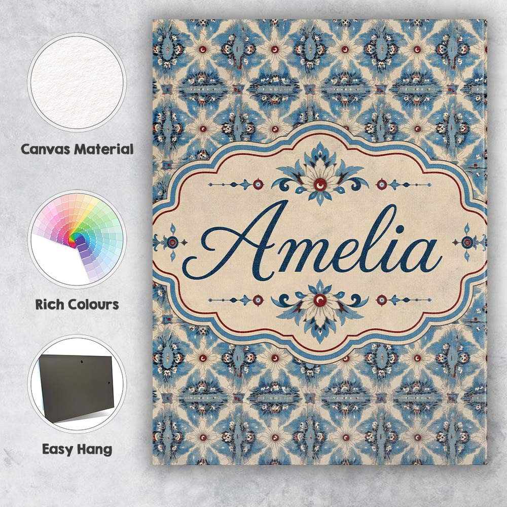 Personalised Name Classic Blue Damask Custom Modern Room Accent Creative Decorator Style Canvas Wall Art Print Decor Picture Ready to Hang