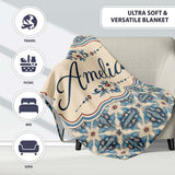 Classic Blue Damask Floral Pattern Elegant Seamless Name Cute  Personalised Custom Name Super Soft Fleece Blanket Bed Sofa Throw