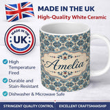 Personalized Custom Name Classic Blue Damask Floral Pattern Elegant Seamless Name Cute 11oz Ceramic Coffee Tea Mug White Large Handle