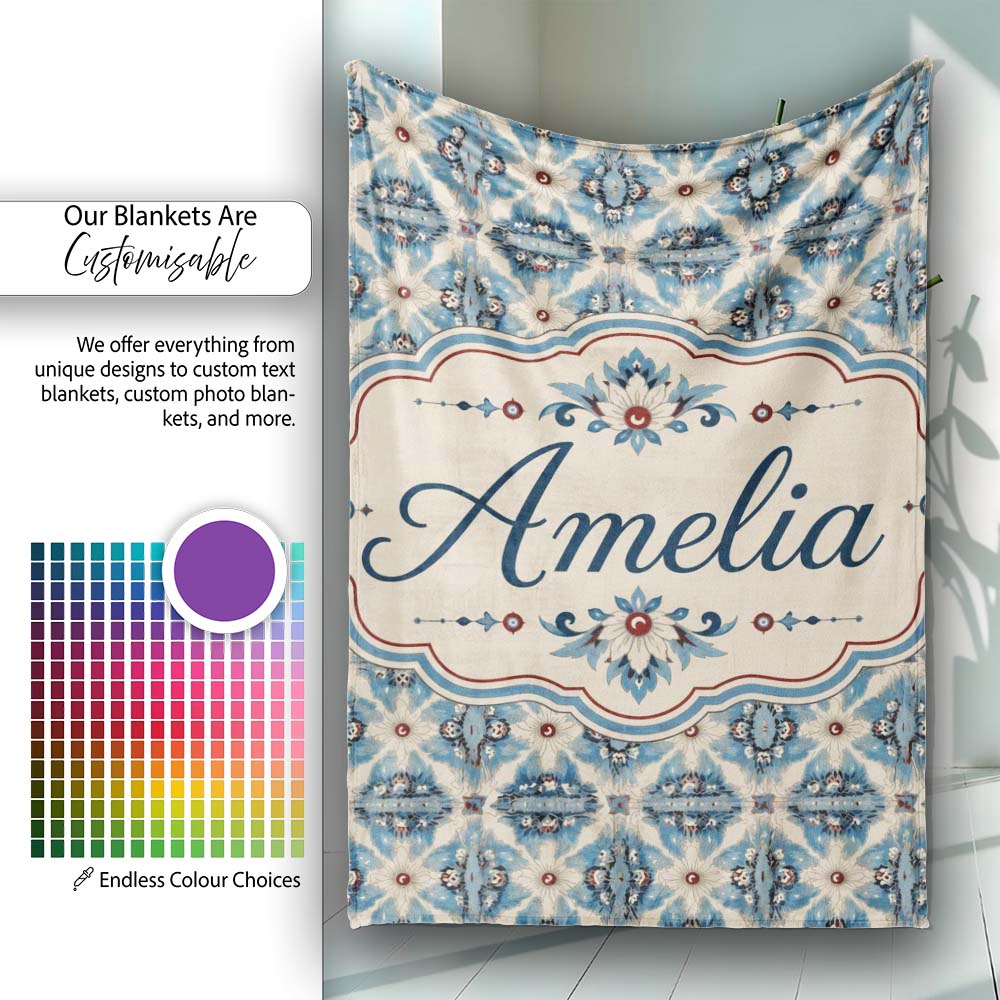 Classic Blue Damask Floral Pattern Elegant Seamless Name Cute  Personalised Custom Name Super Soft Fleece Blanket Bed Sofa Throw