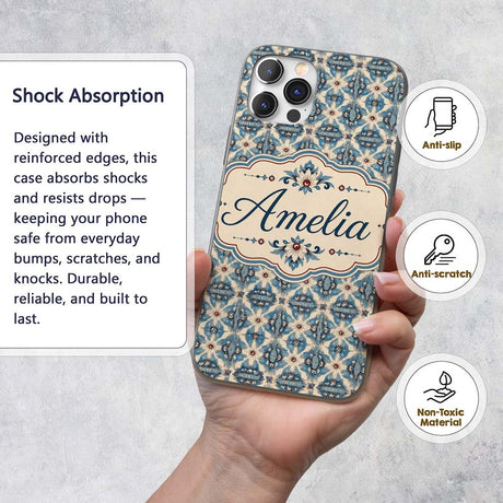 Classic Blue Damask Floral Pattern Printed Design Custom Name Protective Phone Case Mobile Cover Durable Everyday Smartphone Shock Resistant