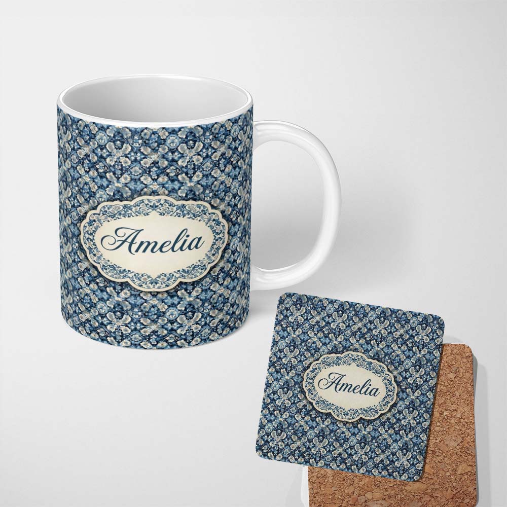Personalized Custom Name Vintage Ethnic Ikat Diamond Pattern in Blue Seamless Name Cute 11oz Ceramic Coffee Tea Mug White Large Handle