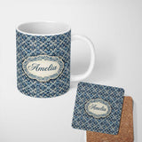 Personalized Custom Name Vintage Ethnic Ikat Diamond Pattern in Blue Seamless Name Cute 11oz Ceramic Coffee Tea Mug White Large Handle