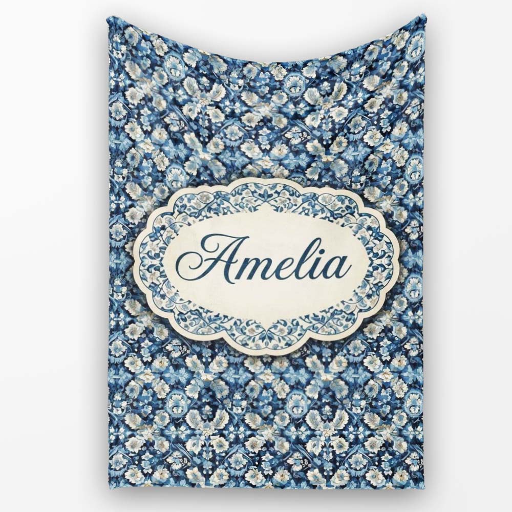 Vintage Ethnic Ikat Diamond Pattern in Blue Seamless Name Cute  Personalised Custom Name Super Soft Fleece Blanket Bed Sofa Throw