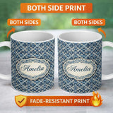 Personalized Custom Name Vintage Ethnic Ikat Diamond Pattern in Blue Seamless Name Cute 11oz Ceramic Coffee Tea Mug White Large Handle
