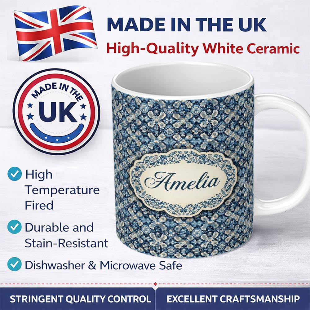 Personalized Custom Name Vintage Ethnic Ikat Diamond Pattern in Blue Seamless Name Cute 11oz Ceramic Coffee Tea Mug White Large Handle