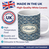 Personalized Custom Name Vintage Ethnic Ikat Diamond Pattern in Blue Seamless Name Cute 11oz Ceramic Coffee Tea Mug White Large Handle