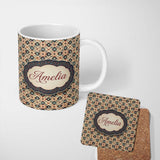Personalized Custom Name Traditional Tribal Geometric Pattern in Earthy Tones Seamless Name 11oz Ceramic Coffee Tea Mug White Large Handle